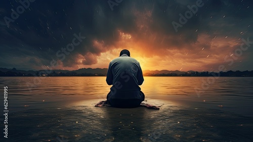 photograph of A Muslim man is facing the sunset and praying namaz or salah. Serene holy night background.