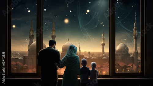 photograph of Ramadan Kareem greeting. Family at window looking at Islamic city with mosque skyline, crescent moon and stars. Muslim parents and children pray.generative ai