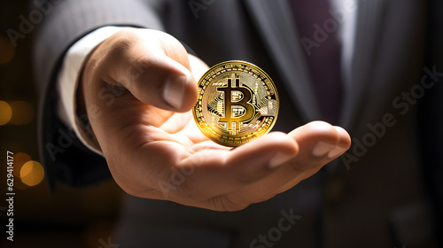 Bitcoin in the hands of a businessman closeup, generative ai