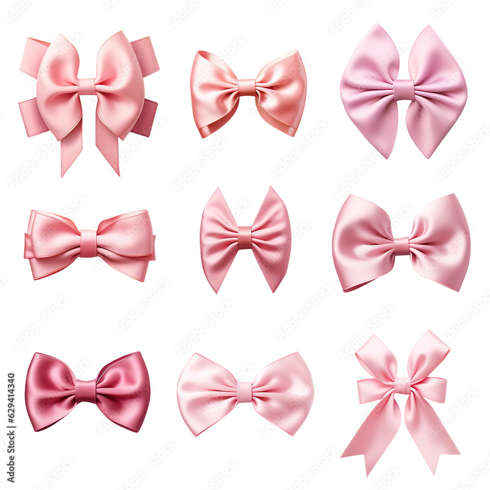Set of pink satin Ribbon bow collection isolated on a transparent background, created with Generative AI