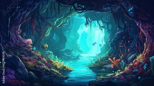 Underwater cave with mystical creatures . Fantasy concept , Illustration painting. © X-Poser