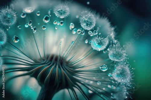 Dandelion flower after the rain. Water drops on fluffy seeds, macro effect. Romantic background. Generated AI.