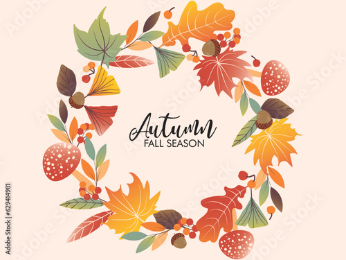 autumn frame with leaves and berries. Autumn falling leaves. Autumnal foliage fall and popular leaf flying in wind. Autumn foliage cover template. Autumn design. Templates for placards, banners, flyer