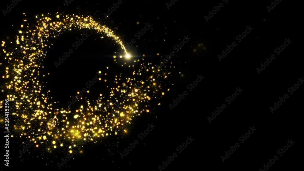 4K Golden sparkles Magic light Particle Tail Line. Christmas gold glitters. 3D glowing dust trail. Explosion fireworks. Intro opener. Bokeh. Birthday, Anniversary, new year, event, Christmas, Festival