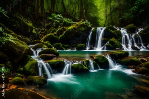 A captivating photo captures the beauty of a clean cascade flowing gracefully  surrounded by lush green shores that exude tranquility generative ai technology 