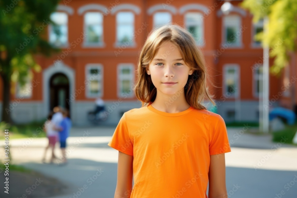 Cute fictional little child in plain orange t-shirt. Generative AI. Cute fictional little child in plain orange t-shirt. Generative AI.
