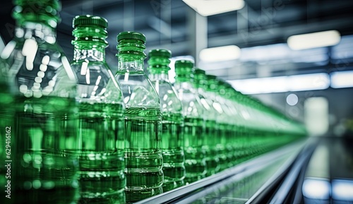 a lot of drinking water glass bottle on shelf ready to sell in supermarket, generative aí