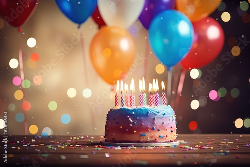 close up homemade birthday cake with candles and bokeh lights, Generative Ai