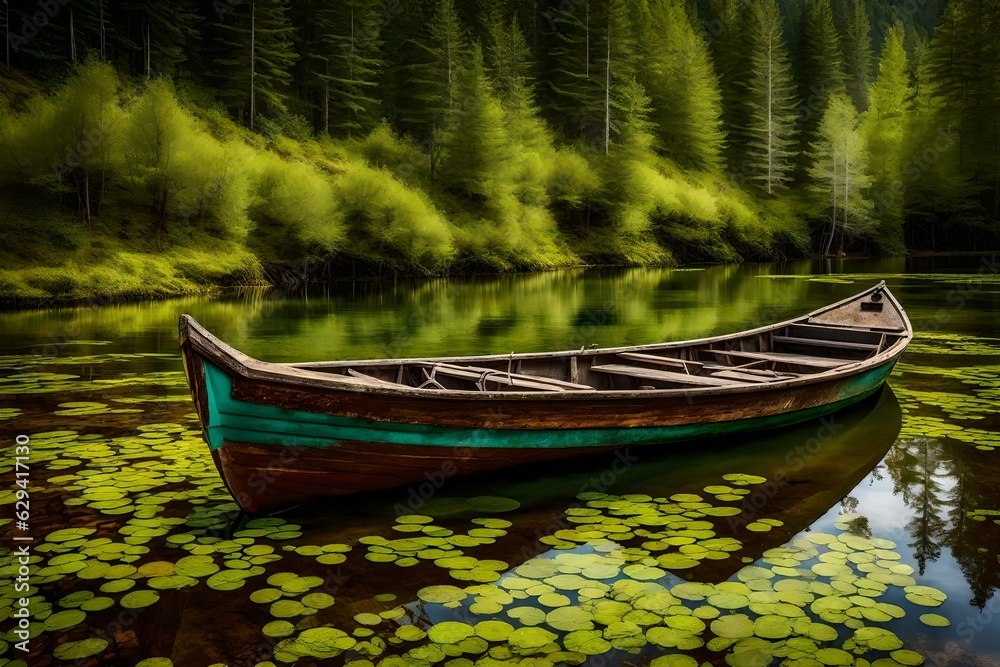 An old rusty fishing boat rests gracefully on the slope along the tranquil shore of the lake. The boat's weathered wooden hull tells tales of countless journeys through serene generative ai technology