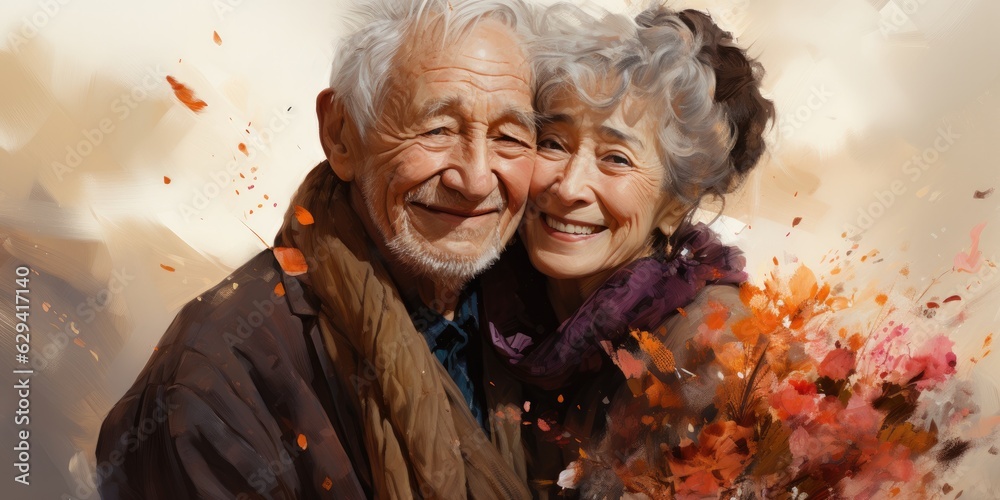 a painting of two elderly people are hugging, generative AI