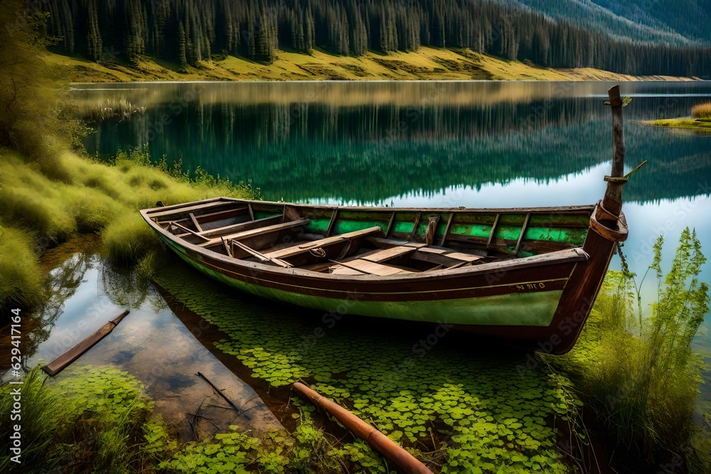 An old rusty fishing boat rests gracefully on the slope along the tranquil shore of the lake. The boat's weathered wooden hull tells tales of countless journeys through serene generative ai technology