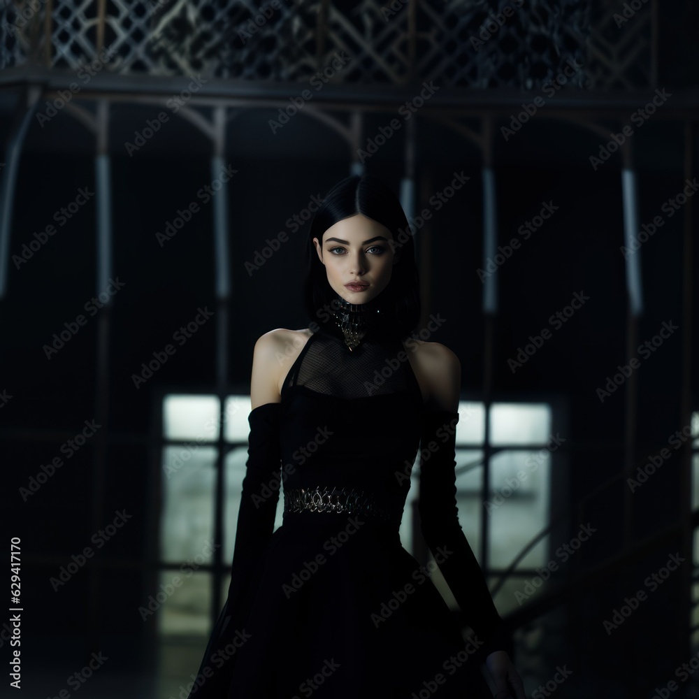 Elegant fictional lady in a black dress and chokers. Generative AI.