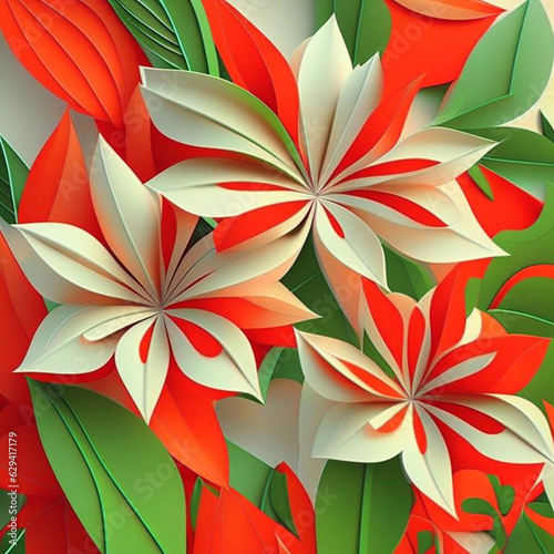 White and red flowers with green stems and leaves.