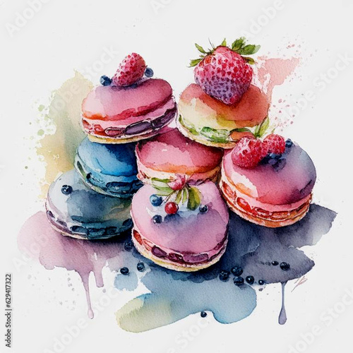 Cakes macaron or macaroon stack on white background, colorful vibrant almond cookies with berries, bright colors.