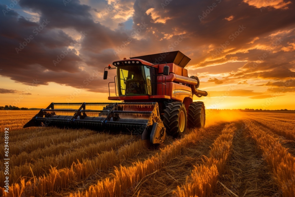 Fototapeta premium Wheat Field At Sunset With A Combine Harvester, Generative AI