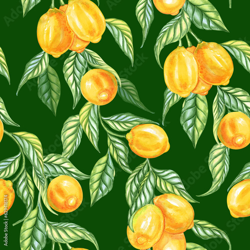 Fototapeta Naklejka Na Ścianę i Meble -  Ripe yellow lemon fruits with leaves watercolor seamless pattern. Endless background for fabric and wallpaper. Citrus branches exotic backdrop.