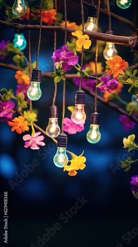 vertical abstract background of festive fairylight with flower in night time, Generative Ai photo