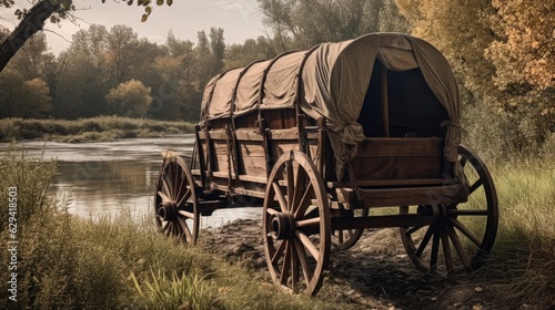 An old-fashioned wooden covered wagon