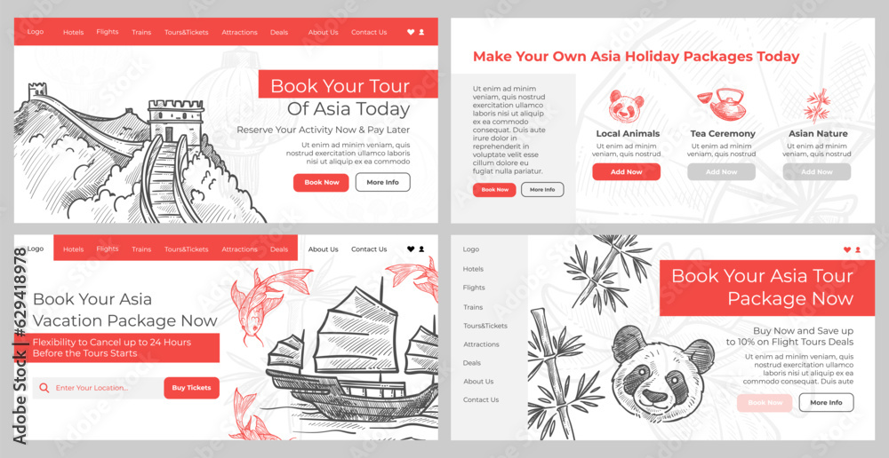 Obraz premium Asia travel tour booking at template web page set