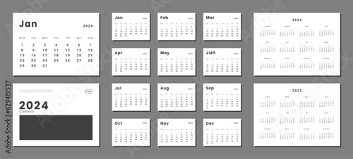 Set of monthly calendar planner page templates for 2024, 2025 and cover with Place for Photo and Company Logo. Vector layout of wall or desk minimalist calendar with week start on Monday for print