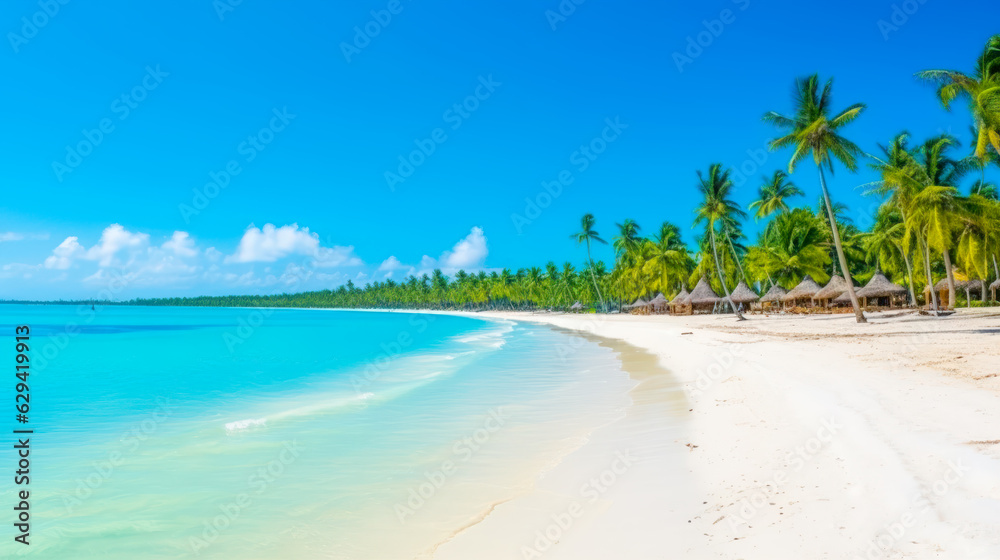 Tropical Paradise A Panoramic View of a White Sand Beach with Palm Trees and Turquoise Water AI Generated