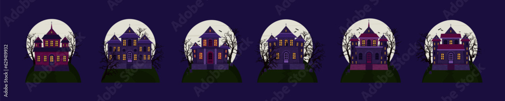 Scary houses of the castle with a cemetery on the background of a full moon. Halloween houses set. Vector illustration.