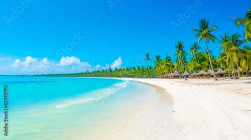 Tropical Paradise A Panoramic View of a White Sand Beach with Palm Trees and Turquoise Water AI Generated