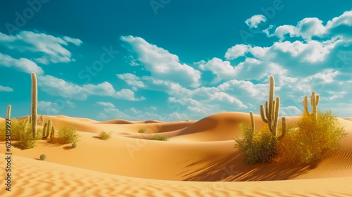 Sand Dunes and Cacti A Minimalistic and Beautiful Desert Scenery with Warm Colors AI Generated