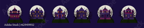 Scary houses of the castle with a cemetery on the background of a full moon. Halloween houses set. Vector illustration. © Olena