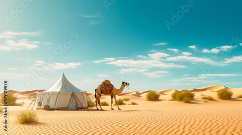 Serene Desert Scene with Camel and White Tent Minimalist Desert Beauty in Sand Dunes AI Generated photo