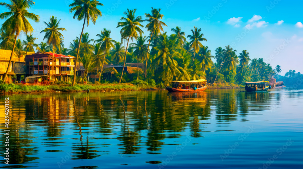 Green and Blue bEAUTIFUL SEA A Beautiful River Landscape with Boats and Trees in Kerala India AI Generated