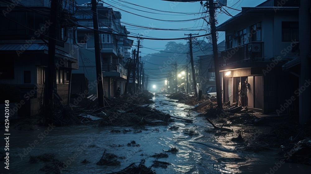 water flood in Asian urban cityscape, Generative Ai water flood in Asian urban cityscape, Generative Ai