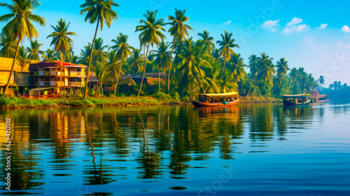 Green and Blue bEAUTIFUL SEA A Beautiful River Landscape with Boats and Trees in Kerala India AI Generated photo