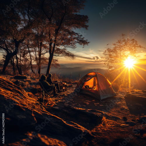 Camping tent and camper people with beautiful landscape scenery. Created with generative AI technology.