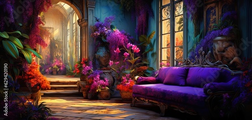 painting style illustration of sofa in greenhouse with flower and plants, Generative Ai photo