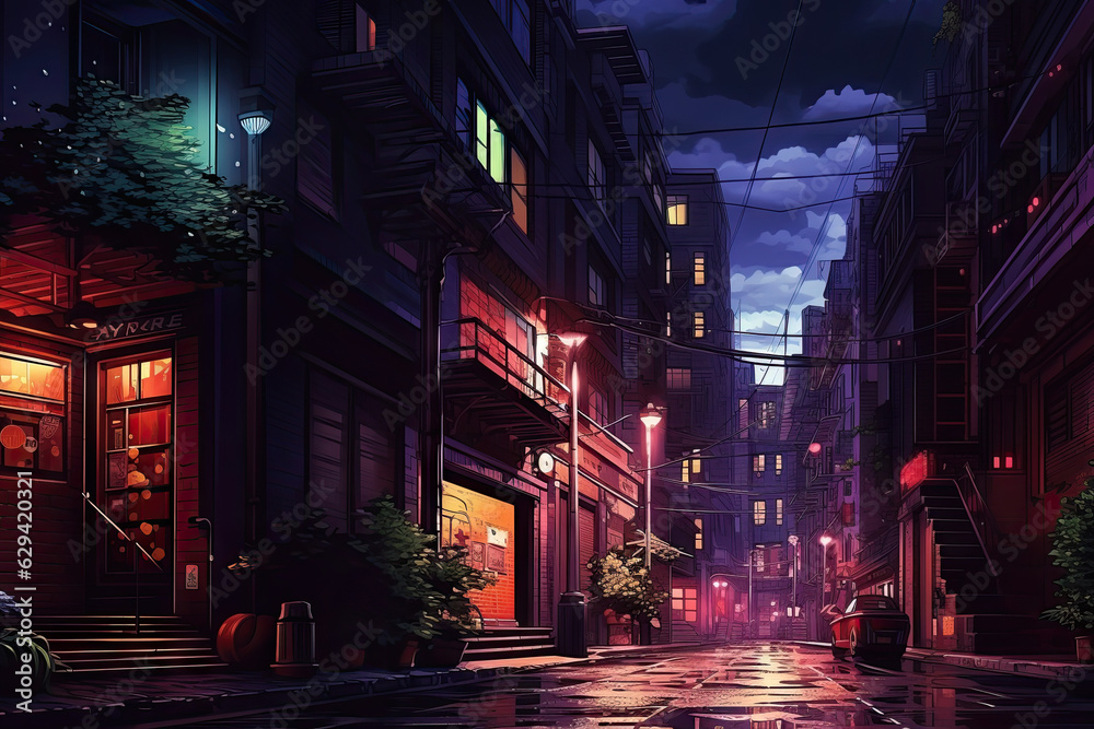 night lit alleyway having high building ai generated art