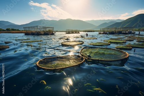 Fish Farm With Fishponds And Nets, Generative AI photo