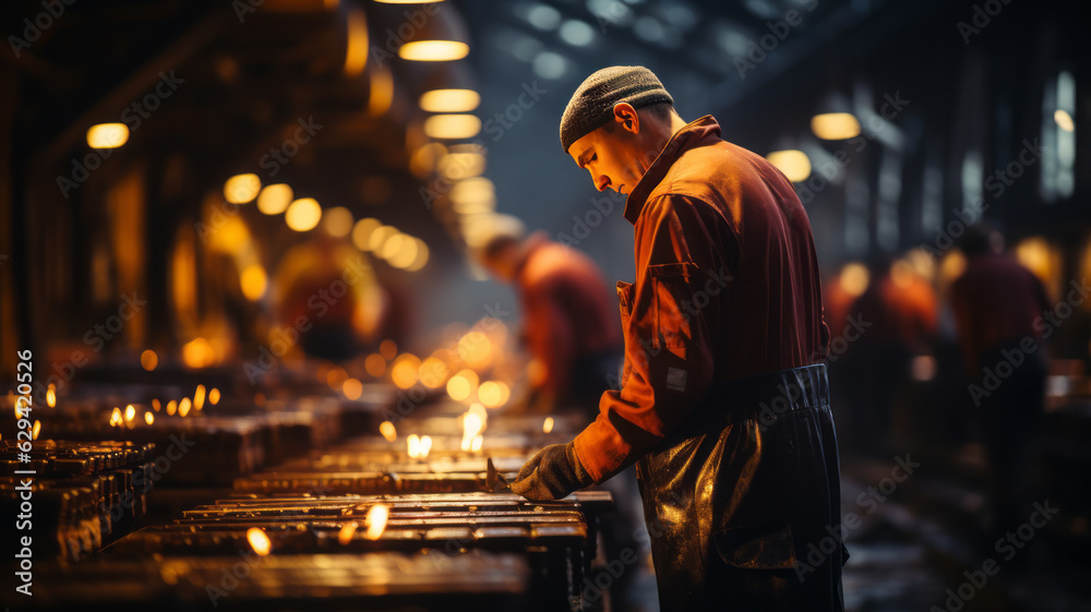 Abstract, blurry, bokeh background, image for the background. People in overalls in production