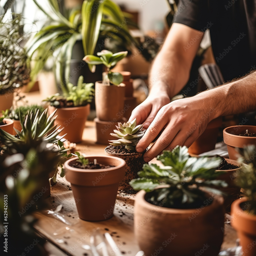 Fototapeta premium Person repotting house plants indoors. Created with generative Ai technology.