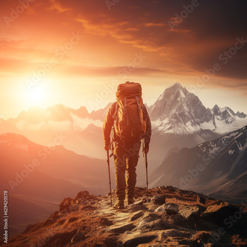Backpacker with a nice nature view scenery. Created with generative AI technology.