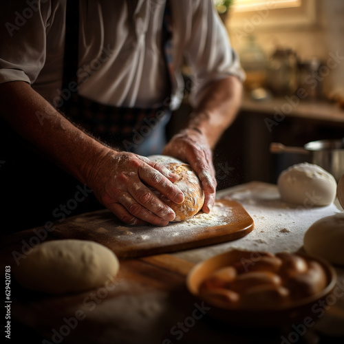 Bakerman kneading and making bread on a rustic wooden table. Created with generative AI technology. photo