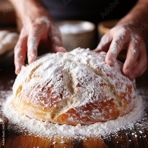 Bakerman kneading and making bread on a rustic wooden table. Created with generative AI technology.