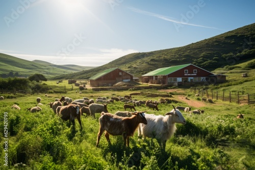  Goat Farm With Goats Grazing On A Hill, Generative AI
