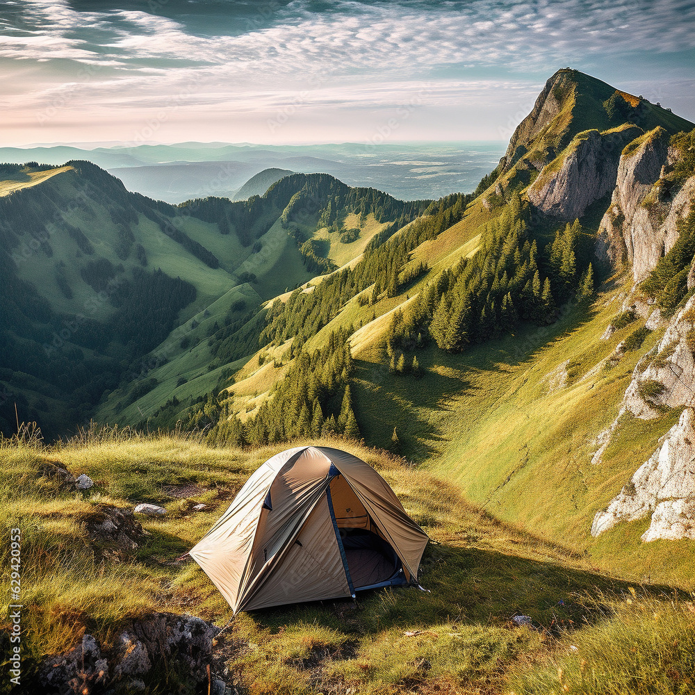 Camping tent with beautiful landscape scenery. Created with generative AI technology.