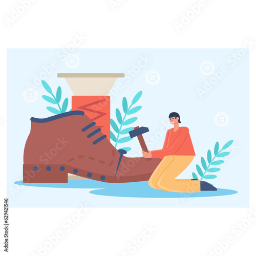 Young woman holds hammer and sits near the boot. Tailoring and shoe repair. Shoe sole replacement concept. Shoemaker profession concept. Flat vector illustration in cartoon style