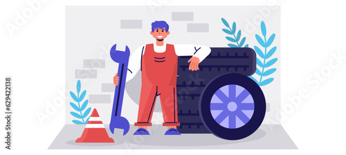 Smiling mechanic in uniform ready to repair car. Mechanic ready to fix car. Auto repair, tire fitting service. Flat vector illustration in cartoon style in blue and red color