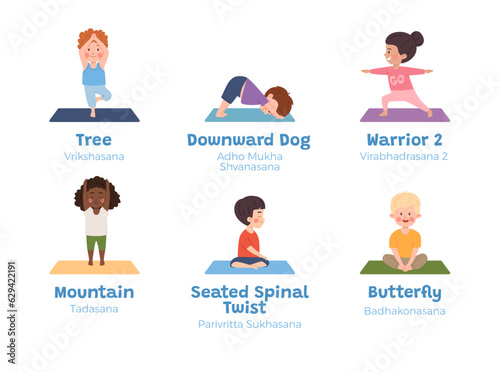 Children in yoga poses, little kids doing yoga exercise set with titles vector illustration downward dog, butterfly pose