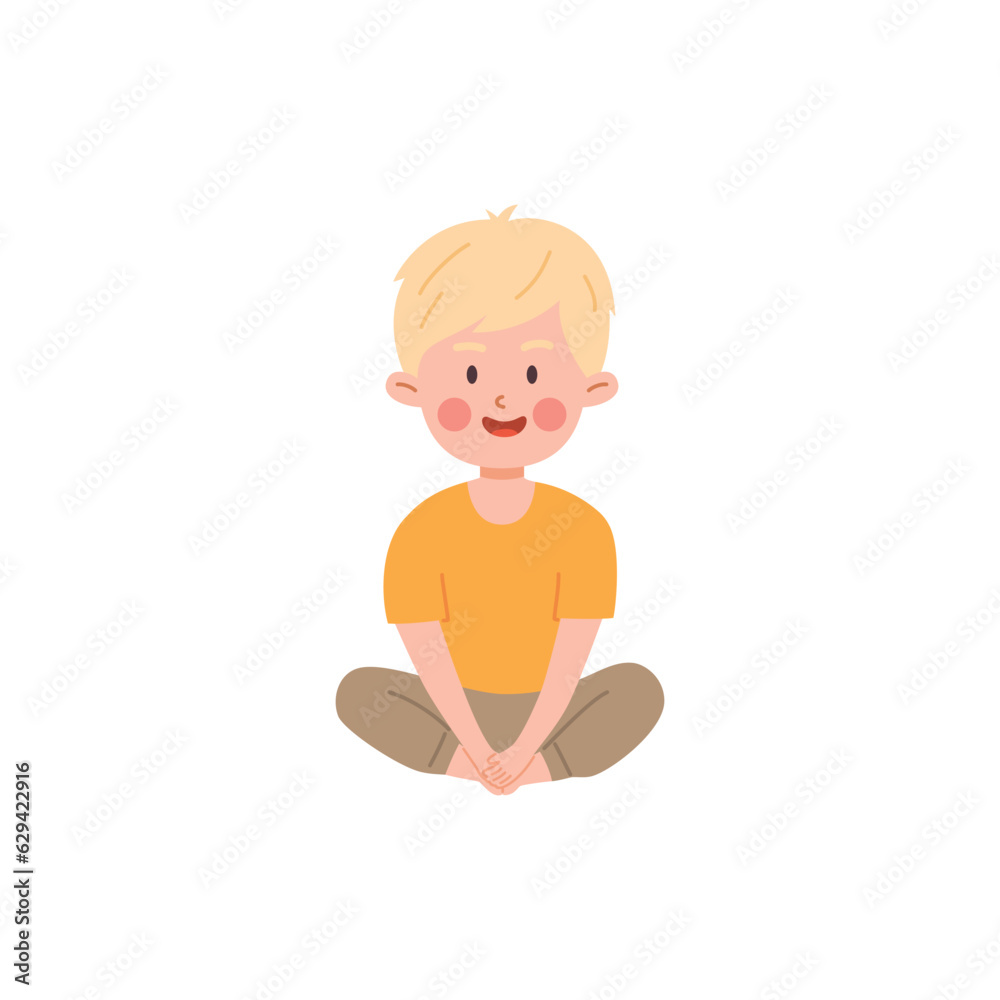 Cute blonde boy sitting cross-legged in yoga pose, healthy yoga, sport exercise vector cartoon isolated illustration Cute blonde boy sitting cross-legged in yoga pose, healthy yoga, sport exercise vector cartoon isolated illustration