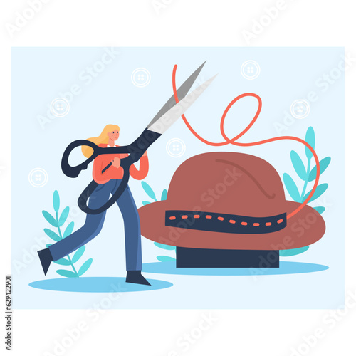 Young woman with scissors creating beautiful hat for man in salon. Hatter profession concept. Production, tailoring, repair of hats in workshop. Flat vector illustration in cartoon style