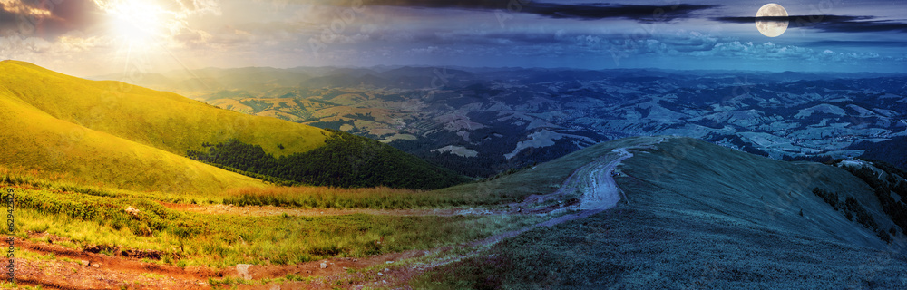 panoramic mountain landscape with sun and moon at twilight. trail path through the meadow on hillside. day and night time change concept. mysterious countryside scenery in morning light